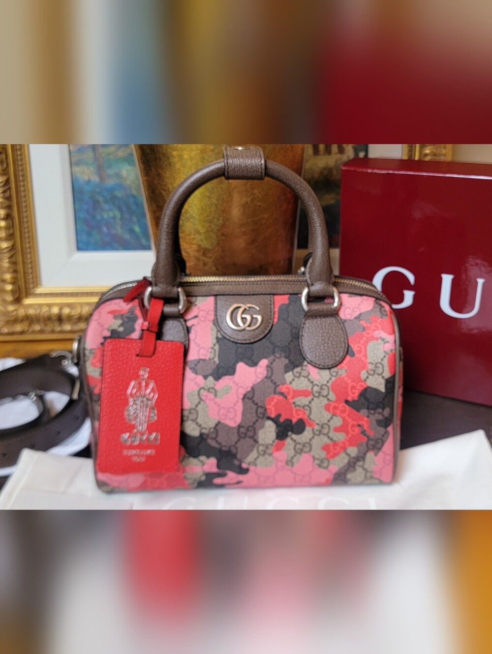 NWT GUCCI Camo Boston Bag Pink Red Beige GG Canvas Brn Leather Trim Small Duffle